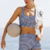 3" Airlift Gingham High-Waist Sleek Short - Navy Gingham