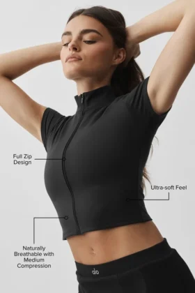 Alo Softsculpt Full Zip Short Sleeve – Black