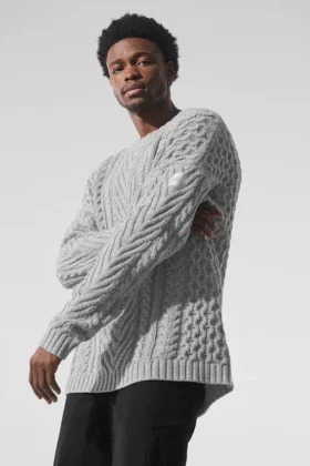 Cable Knit Crew Neck Sweater – Athletic Heather Grey
