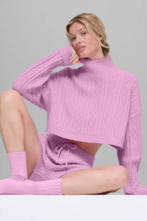 Cable Knit Cropped Winter Bliss Turtleneck Long Sleeve - Candy Heart P