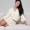 Cashmere Plush Waffle Full Zip Hoodie - Ivory