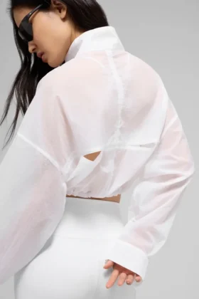 Cropped 1/4 Zip Aerial Pullover – White