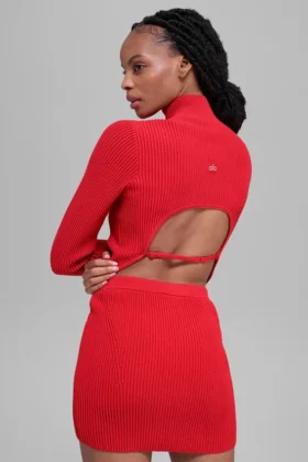 Denim Knit Backless Long Sleeve – Bright Red