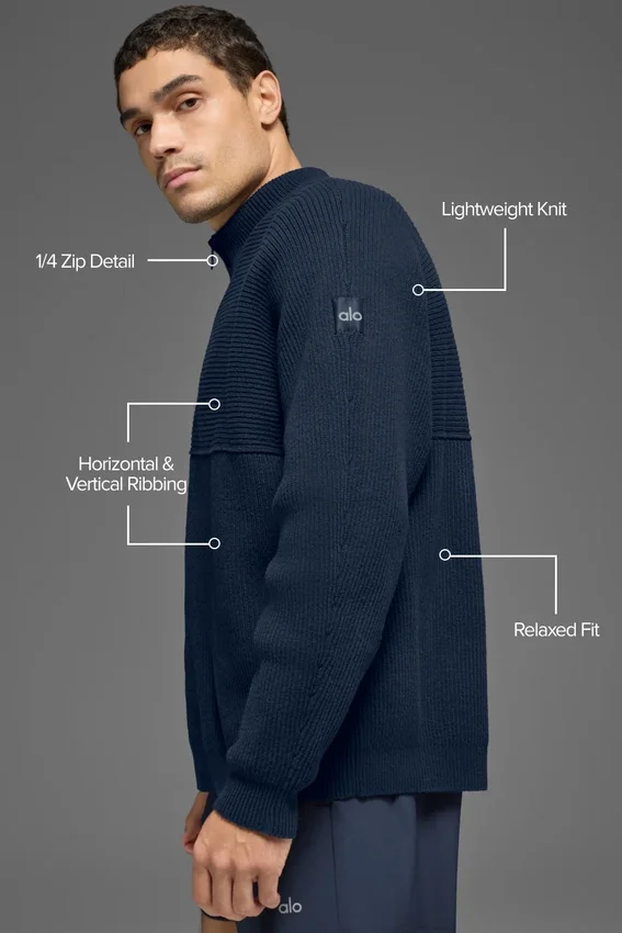 Domain Shift Rib Knit 1/4 Zip Sweater - Navy