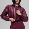 Faux Leather Cropped Premier Bomber - Burgundy