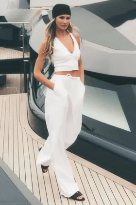 Linen Blend Riviera Wide Leg Pant - White