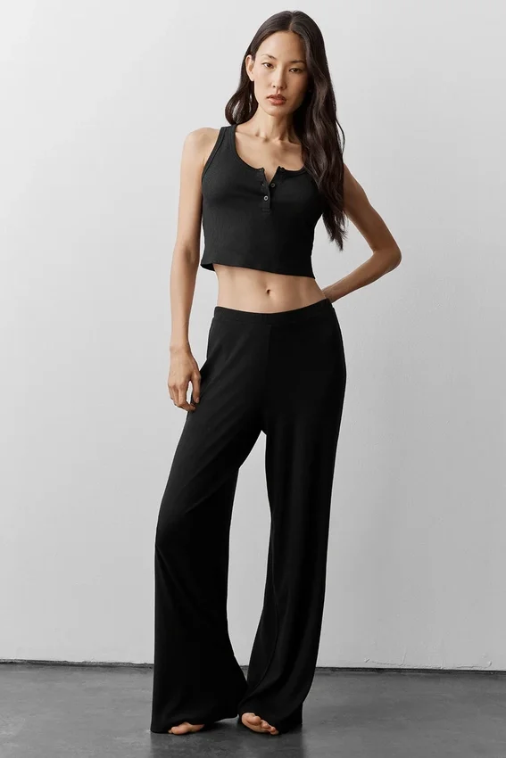 Ribbed Modal Henley Tank - Black