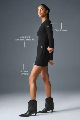 Ribbed Sea Coast Long Sleeve Dress – Black
