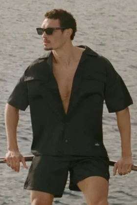 Satin Horizon Short Sleeve Button up - Black
