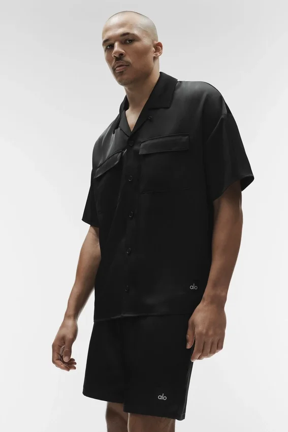 Satin Horizon Short Sleeve Button up - Black