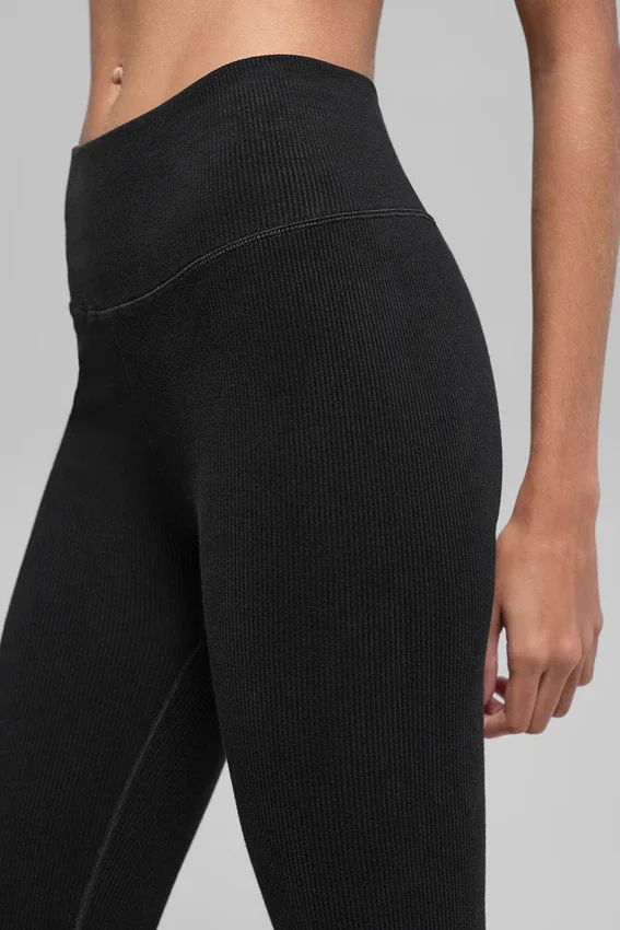 Seamless High-Waist Two Tone Rib Legging - Black
