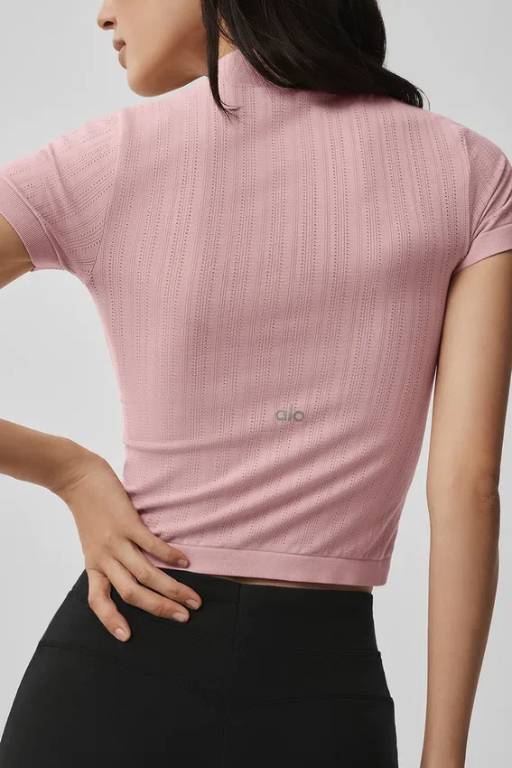 Seamless Pointelle Mock Neck Short Sleeve - Vintage Pink