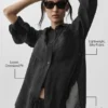 Semi-Sheer Golden Hour Button Down Long Sleeve - Black
