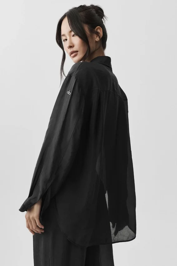 Semi-Sheer Golden Hour Button Down Long Sleeve - Black