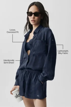 Semi-Sheer Golden Hour Button Down Long Sleeve – Navy