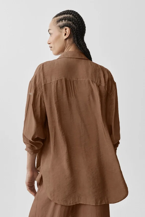 Semi-Sheer Golden Hour Button Down Long Sleeve - Sun Kissed Brown