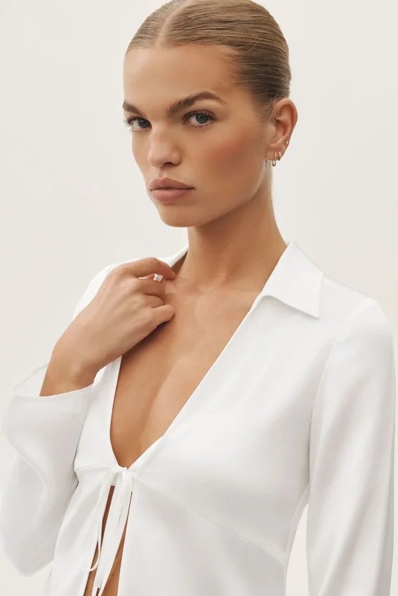Silk Blend Radiance Long Sleeve Top - White