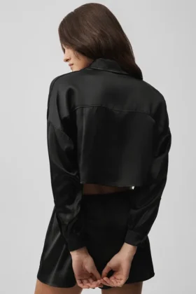 Silk Luminous Cropped Button Down Long Sleeve – Black