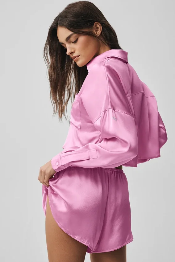Silk Luminous Cropped Button Down Long Sleeve - Candy Heart Pink