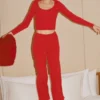 Sweater Knit Mid-Rise Unwind Wide Leg Pant - Bright Red