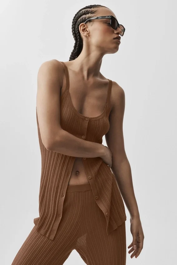 Sweater Sunlit Button Down Tank - Sun Kissed Brown