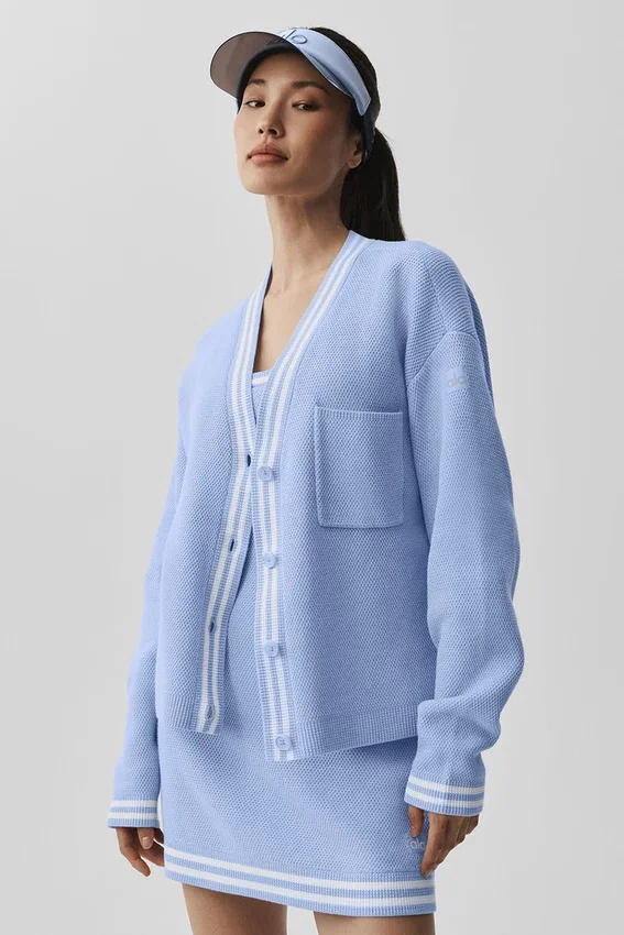 Tennis Club Sweater Knit Cardigan - Light Provence Blue/White