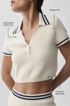 Tennis Club Sweater Knit Cropped Polo – Ivory/Navy