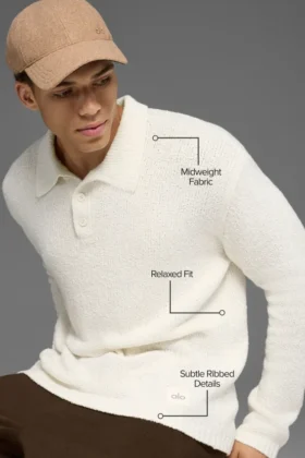 Textured Knit Long Sleeve Polo – Ivory