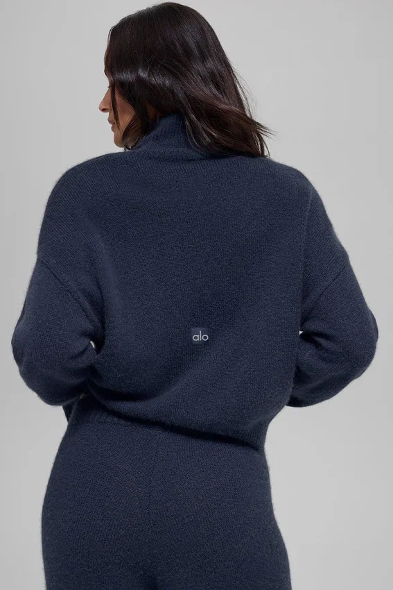 Wool Cashmere Cropped New Class Turtleneck Sweater - Navy