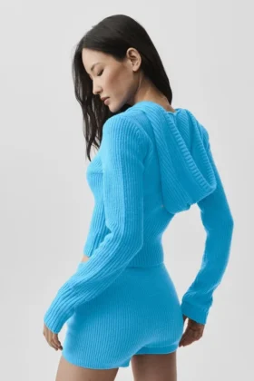 Wool Cashmere Ribbed Noble Full Zip Hoodie – Azure Blue