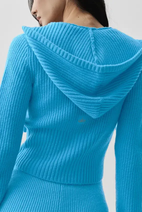 Wool Cashmere Ribbed Noble Full Zip Hoodie - Azure Blue