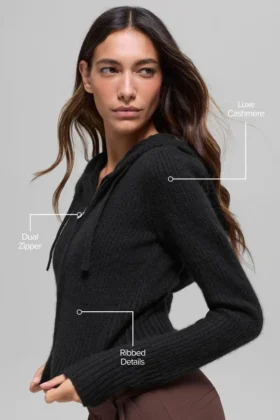 Wool Cashmere Ribbed Noble Full Zip Hoodie – Black