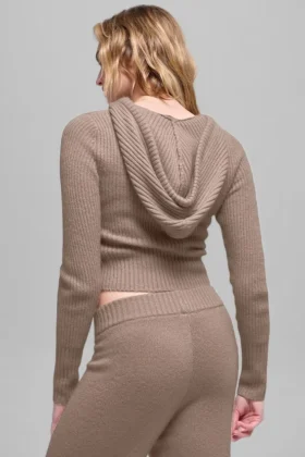 Wool Cashmere Ribbed Noble Full Zip Hoodie – Chai Latte