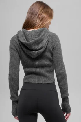 Wool Cashmere Ribbed Noble Full Zip Hoodie – Platinum Grey
